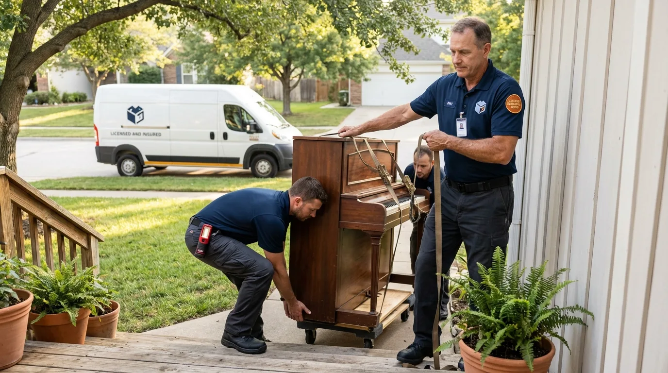 Licensed piano movers securing grand piano in Berlin, CT