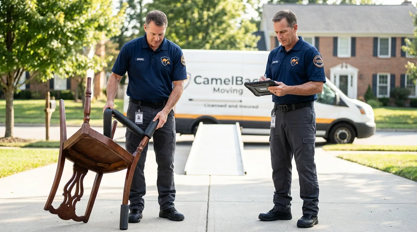 Movers inspecting furniture for damage prevention before loading in Berlin, CT
