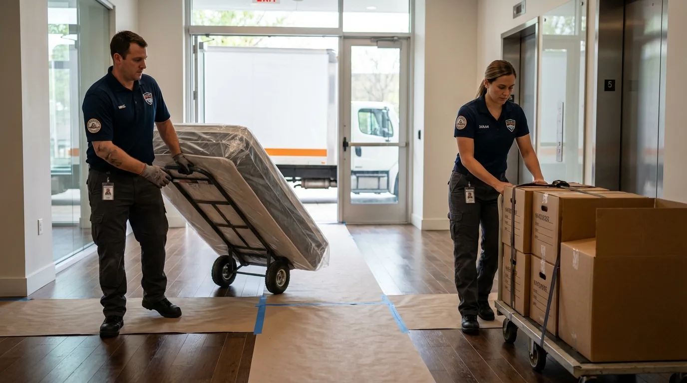 Professional apartment movers loading elevator in Berlin, CT