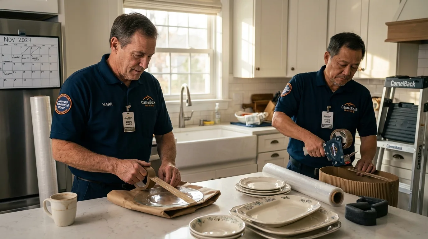 Professional crew packing kitchen dishware in Berlin, CT